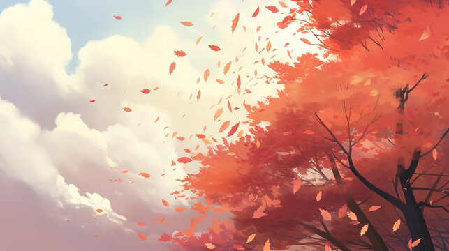 a tree with leaving leaves, wind is blowing, anime wallpaper artwork