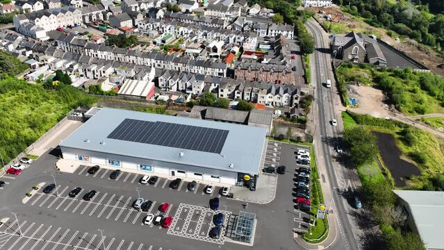 Aerial video of LIDL Ballymoney Supermarket County Antrim Northern Ireland 10-10-23