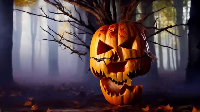 Close-up effect on a pumpkin carved in the form of a skull hung from a tree in the woods, a Halloween illustrated animated spooky short movie.