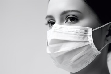 black and white portrait of woman in medical mask. coronavirus protection and prevention concept. text copy space for poster or social advertisement - obrazy, fototapety, plakaty