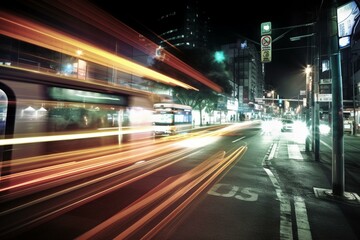 Fototapeta na wymiar Vibrant urban nighttime scene with blurred motion of cars and bus. Generative AI