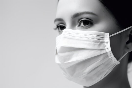 black and white portrait of woman in medical mask. coronavirus protection and prevention concept. text copy space for poster or social advertisement