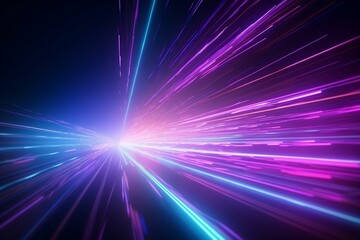 Vibrant neon rays and lines on a purple background, with captivating light movement. Pink, purple, and blue neon colors. Generative AI