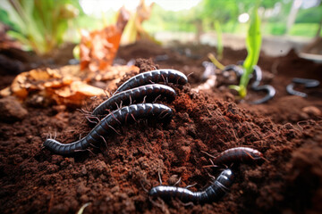 Earthworms in black soil of greenhouse. Macro Brandling, panfish, trout, tiger, red wiggler, Eisenia fetida. Garden compost and worms recycling plant waste into rich soil improver and fertilizer