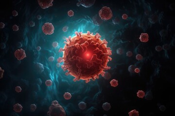 Virus Particle in a Sea of Blue. A Sci Fi Concept Art of coronavirus