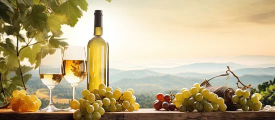 Rolgordijnen Grapes in natural vineyard scenery with wine items © AkuAku