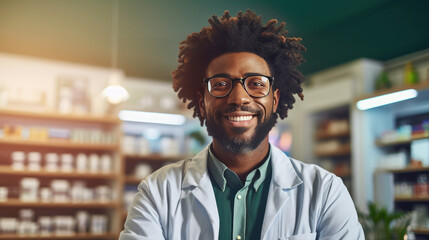 Courteous smiling black pharmacist in white coat assists clients in pharmacy providing advice and...