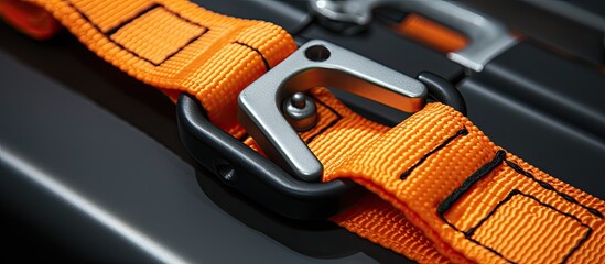 Close up of an orange ratchet lock on a cargo strap - obrazy, fototapety, plakaty
