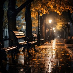 a bench is sitting under some umbrellas on a sidewalk in a rainstorm