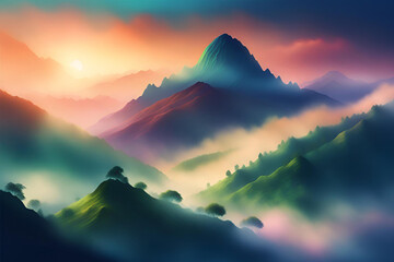 Mountain landscape with fog and sun. Generative AI