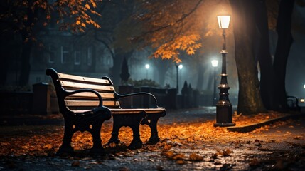 a bench is sitting under some umbrellas on a sidewalk in a rainstorm - obrazy, fototapety, plakaty