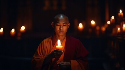 Asian monk in a Buddhist temple. Buddhist monk holding candle cup in the dark. Religious concept