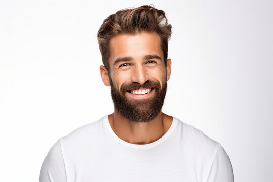 Generative AI photo portrait of handsome positive man with toothy smile and healthy hair isolated on white background