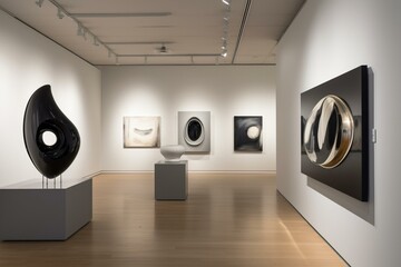 Modern art exhibit featuring simple, clean design and showcasing various artworks. Generative AI