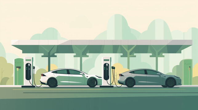 copy space, flat 2D vector illustration, hand drawn, copy space, electric cars charging at Modern fast electric vehicle chargers in carpark. Green energy, renewable energy, sustainable energy. Electri