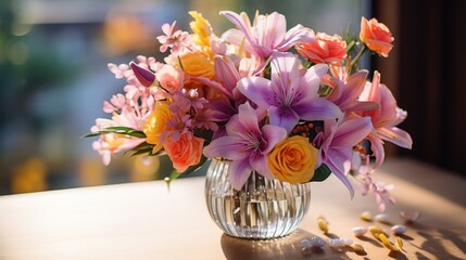 bright colored flowers and greenery in a glass vase