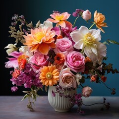 Obraz na płótnie Canvas bright colored flowers and greenery in a glass vase