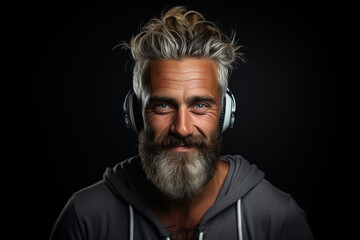 Fototapeta premium Senior bearded stylish Caucasian man in headphones on a dark gray background