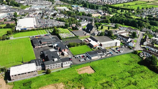 Aerial video of Our Lady Of Lourdes School Ballymoney Town Co Antrim Northern Ireland