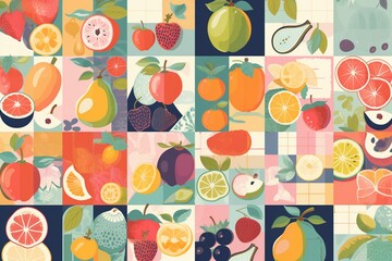 Pattern of fruit-themed square tiles, seamlessly collaged together. Generative AI