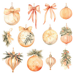 set of christmas decorative elements Christmas balls and  ribbons Peach and Pale Yellow orange watercolor vectors