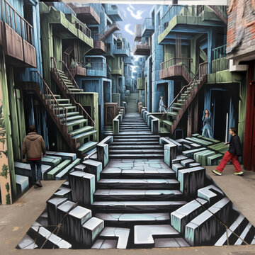  A street artwork that uses anamorphic techniques to reveal hidden messages and images when viewed from a specific angle