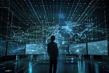 silhouette of unrecognizable man in computer room with data flowing in the air