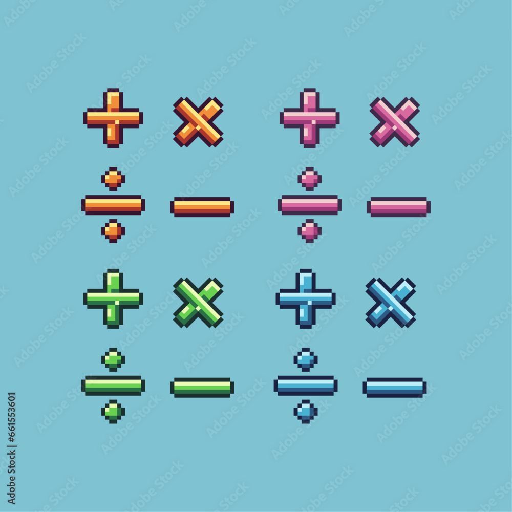 Poster pixel art sets of mathematics calculation with variation color item asset. simple bits of math on pi
