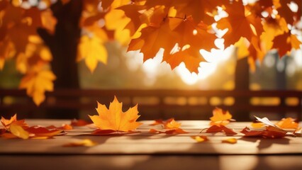 Autumn maple leaves on wooden table top. Falling leaves natural background. Sunny autumn day