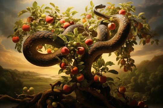 depiction of biblical tree with apples and serpent. Generative AI