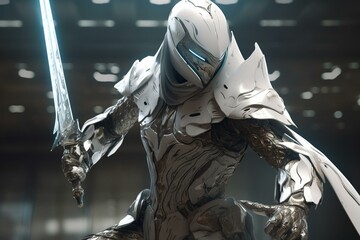 Futuristic warrior in action with steel armor and white cape. Intricate, epic details make this a stunning masterpiece. Generative AI