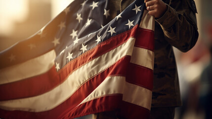 A military veteran's hand holding a folded American flag, with copy space, blurred background - obrazy, fototapety, plakaty