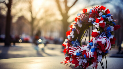 A red, white, and blue wreath placed at the base of a statue honoring fallen soldiers, with copy space, blurred background - obrazy, fototapety, plakaty