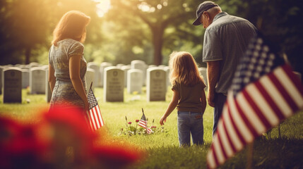 A family visiting a veteran's grave, leaving flowers and a small flag, with copy space, blurred background - obrazy, fototapety, plakaty