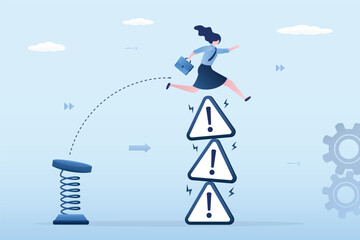 Confident businesswoman uses steel spring and jumping over stack of warning signs. Successful overcoming restrictions, failure and ban. Triangle alert signs with exclamation mark.