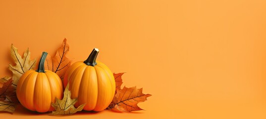 halloween pumpkins, autumn leaves on orange background Generative AI