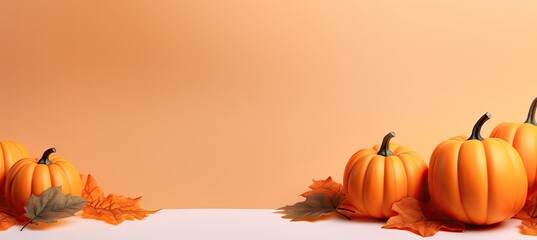 Naklejka na ściany i meble halloween pumpkins as backgrounds with orange leaves Generative AI