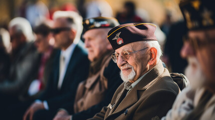 Veterans from different eras sharing stories and memories, blurred background - obrazy, fototapety, plakaty