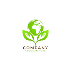 Obraz premium Logo of hand in leaf holding earth. Planet and eco symbols or icons. Unique global organic and natural logotype design template