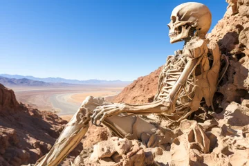 Foto op Aluminium Human skeleton on rocky outcrop in the Atacama desert. © XaMaps