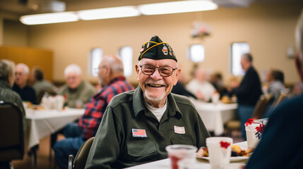 Veterans enjoying a meal together at a social gathering, blurred background - obrazy, fototapety, plakaty