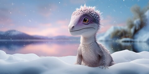 "Icy Discovery: Baby Dinosaur's Winter Realm" | Background Design | AI Generated Artwork