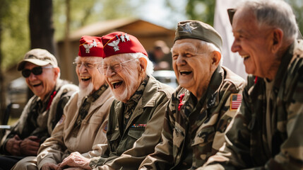 A group of veterans sharing a laugh and camaraderie, blurred background - obrazy, fototapety, plakaty