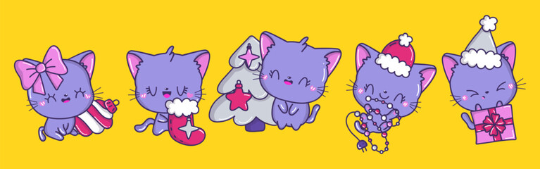 Set of Vector Christmas Cat Illustrations. Collection of Kawaii Christmas Pet Art for Stickers.