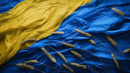 Fototapeta na wymiar Wheat grains on the yellow and blue flag of Ukraine. Ukrainian grain crisis, global hunger crisis concept due to war