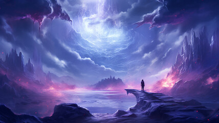 person standing in a fantasy landscape with a portal on sandy glaciers and purple crystals. Concept art. fantasy.	
