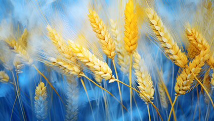 Wheat grains on the yellow and blue flag of Ukraine. Ukrainian grain crisis, global hunger crisis concept due to war - obrazy, fototapety, plakaty