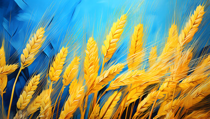 Wheat grains on the yellow and blue flag of Ukraine. Ukrainian grain crisis, global hunger crisis concept due to war - obrazy, fototapety, plakaty