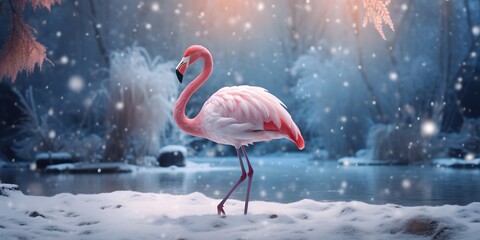 "Snowy Elegance: The Flamingo's Frosty Retreat" | Background Design | Generative AI Artwork
