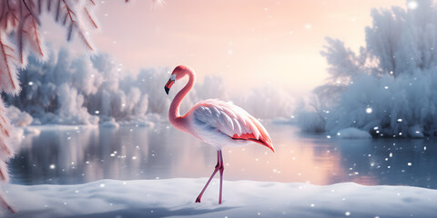 "Snowy Elegance: The Flamingo's Frosty Retreat" | Background Design | Generative AI Artwork